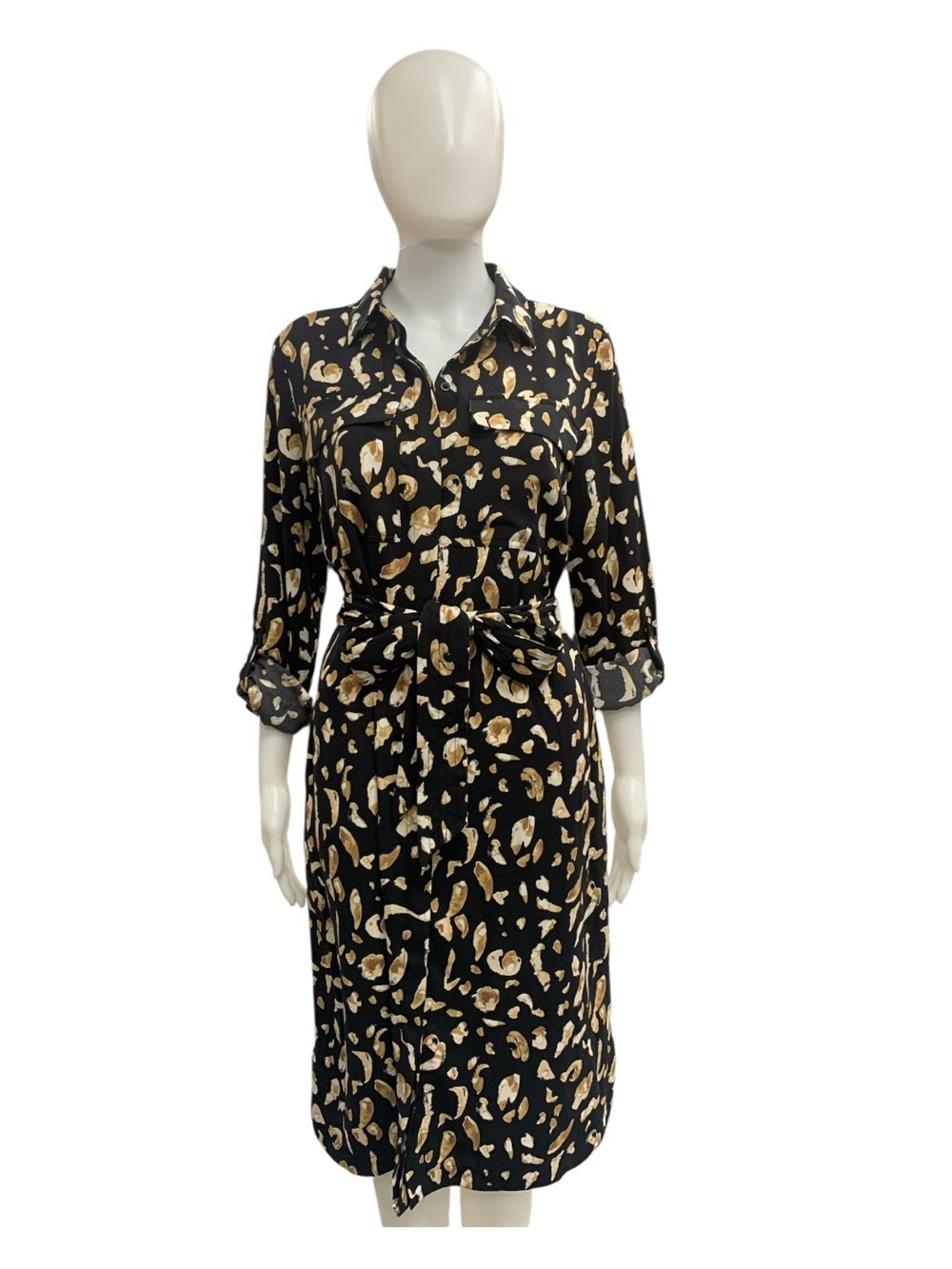 Nine West Black Shirt Dress with Gold and Cream Print